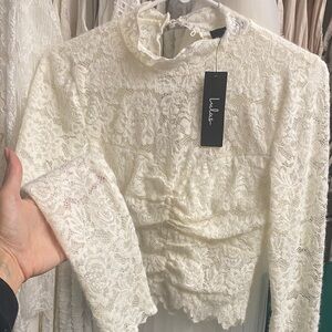 Lulu's Cream Lace Long Sleeve Blouse- Bridal Wedding NWT XS High Neck